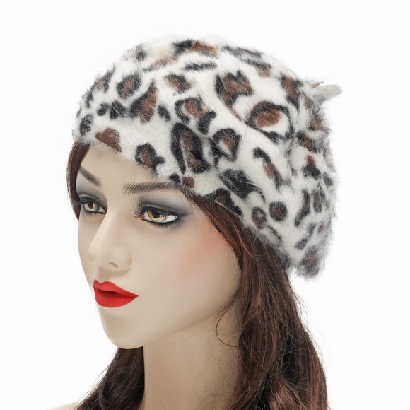 8626 Womens Rabbit Fur French Beret Hat Leopard Print main image 7